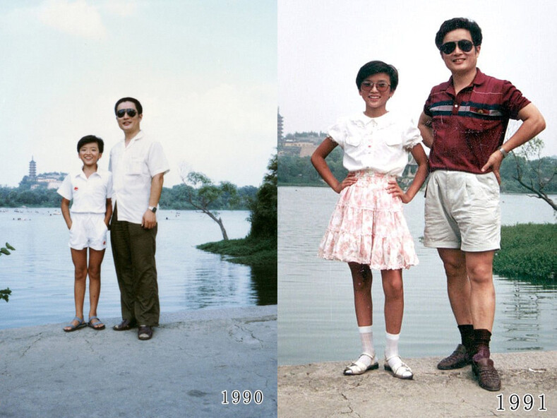 Отец фотографируется с дочерью на одном и том же месте 40 лет