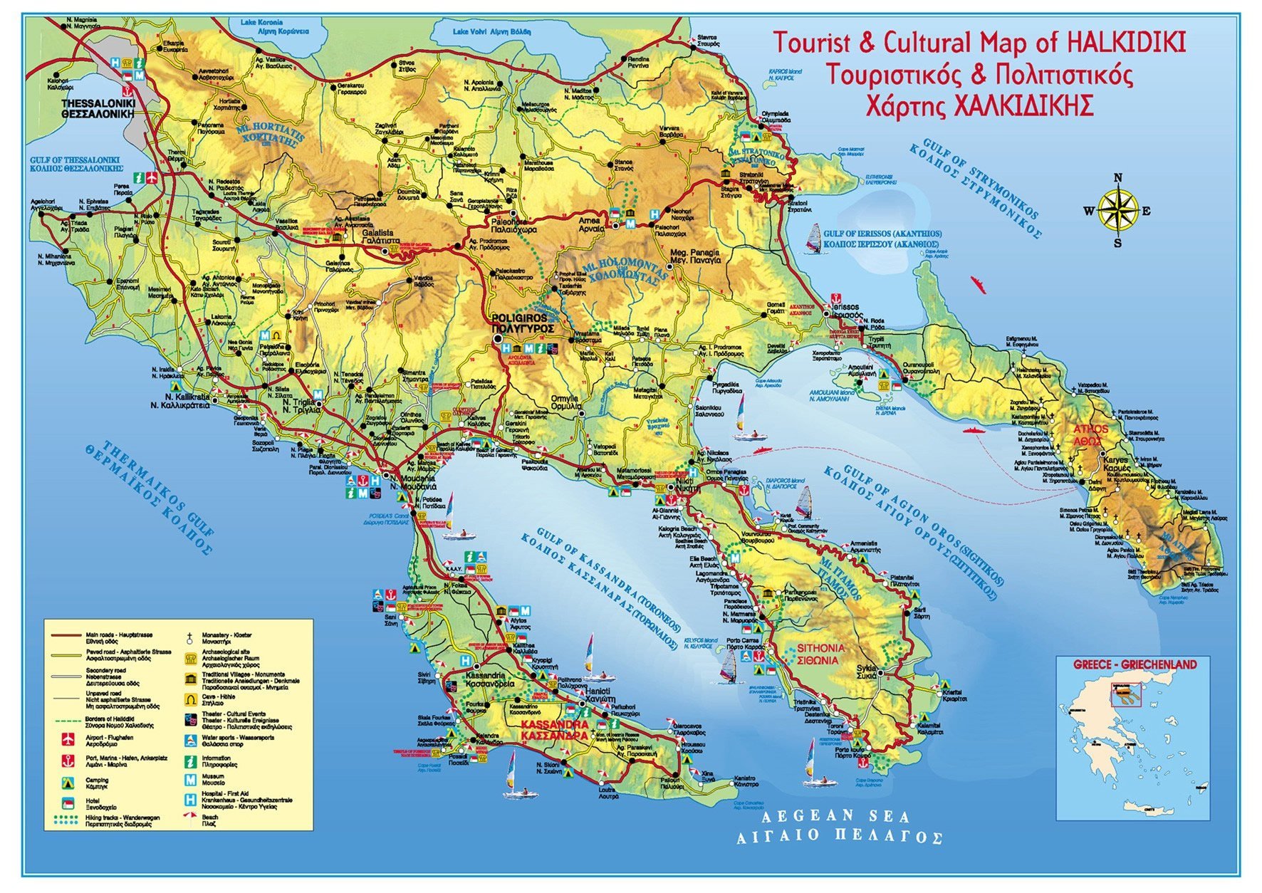 халкидики карта Карта полуострова Халкидики, Греция. Карта отелей Халкидики  халкидики карта