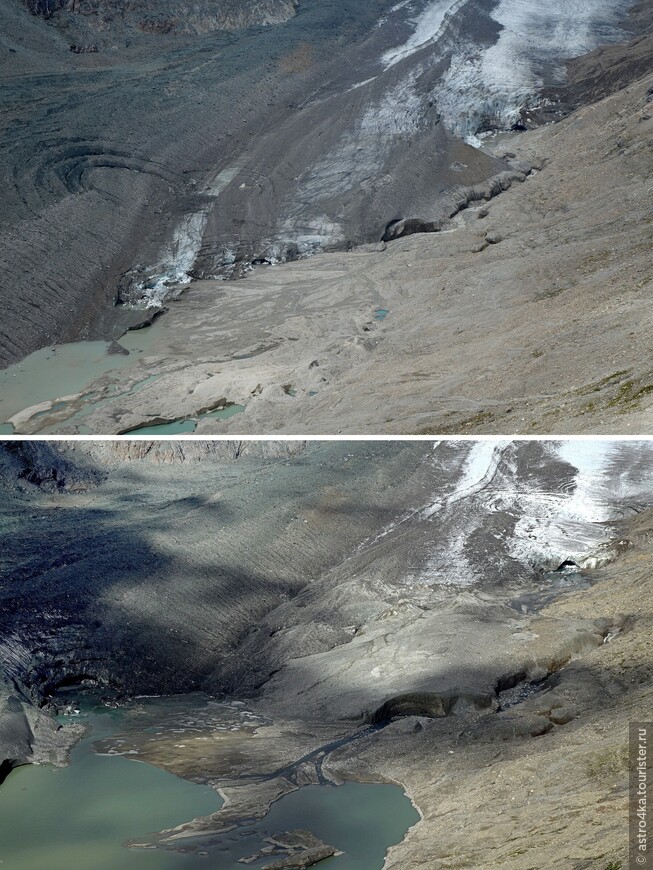 Вода проточила в леднике глубокое ущелье, ранее она частично протекала под ледником и затем впадала в озеро. Сейчас же с ущелья сразу в озеро, ледник, под которым протекала вода – исчез.