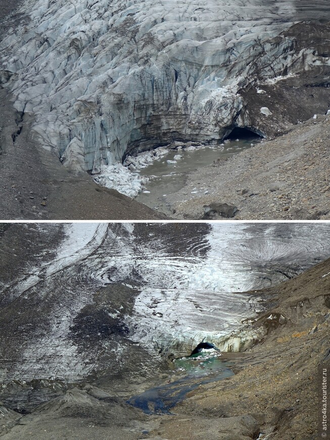 На верхнем фото видна высокая стена льда над пещерой и справа покатый склон. Сейчас высота льда во крат меньше, справа ровная стена, возле которой специально сфотографировалась, а глубокие и огромные воронки-провалы над пещерой указывают, что вскоре её не будет. В 2016 году никаких воронок не наблюдалось.