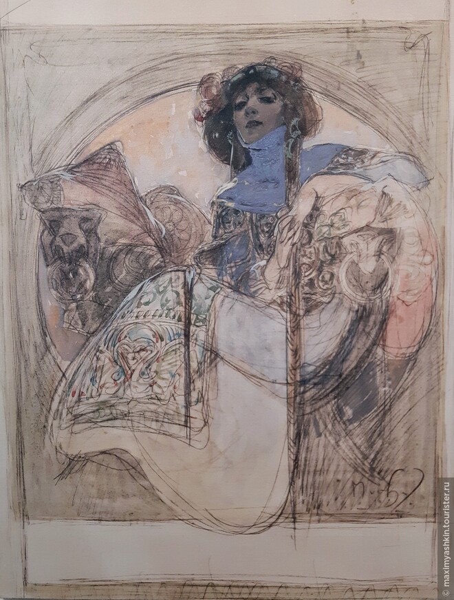 Альфонс Муха Сидящая женщина. Эскиз, 1897 г.