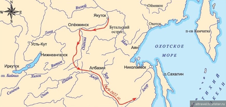 Карта 3. Маршрут экспедиции Хабарова (1649-1653 гг.)