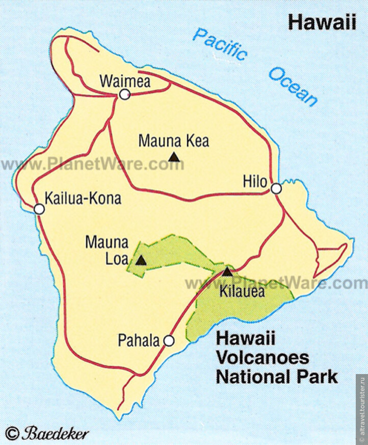 Карта 7. Парк Гавайские вулканы (его территория окрашена зеленым цветом) на карте о. Большой. Источник: pinterest.com
