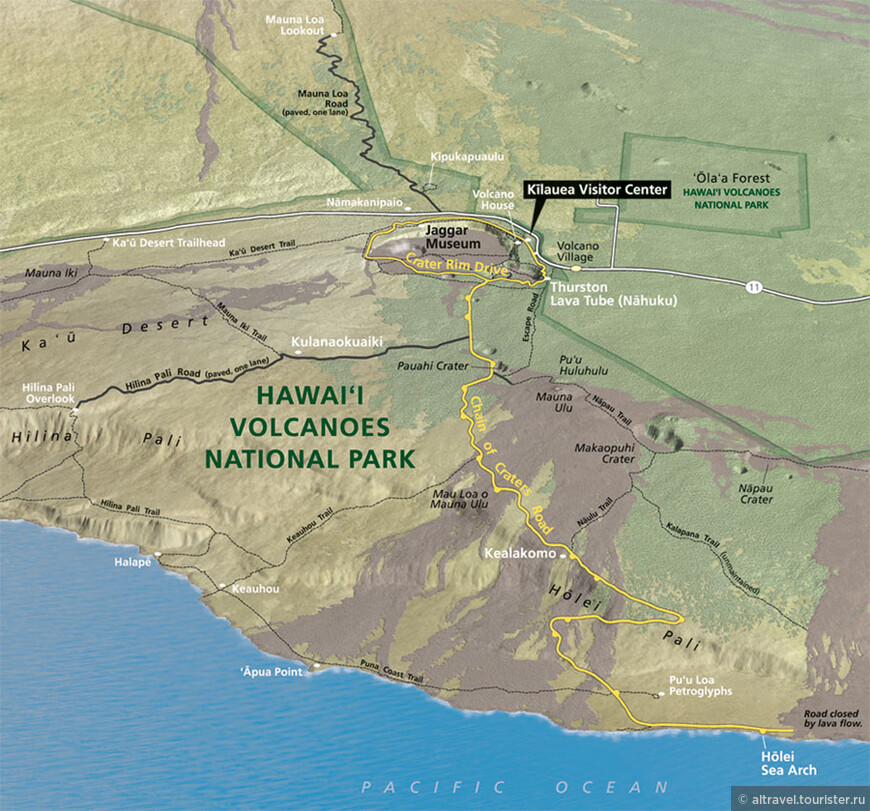Карта 8. Дорога вдоль цепочки кратеров на карте Нацпарка вулканов (обозначена желтой линией).