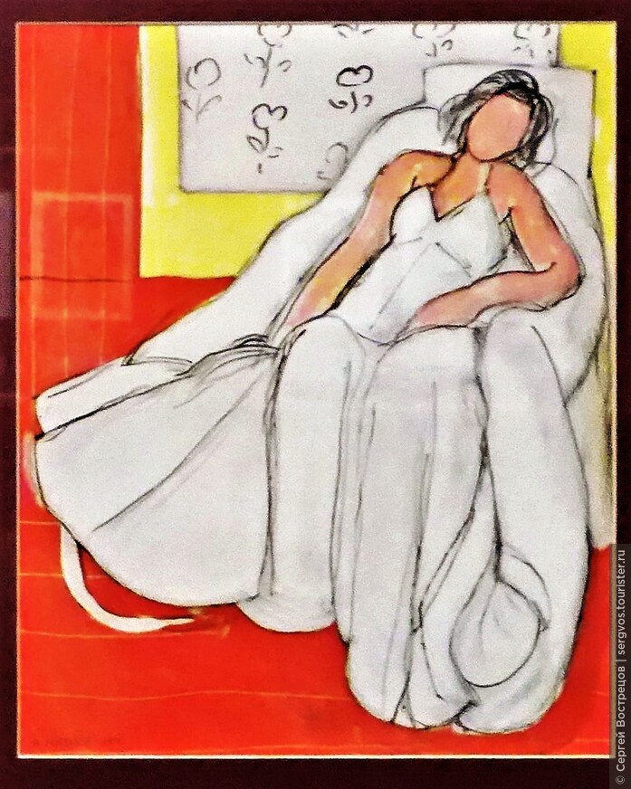 «Девушка в белом халате на красном фоне», 1944. Литография 1948 г., Париж.