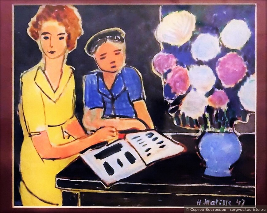 «Две девушки и букет из пионов на чёрном фоне», 1947. Литография 1948 г., Париж.