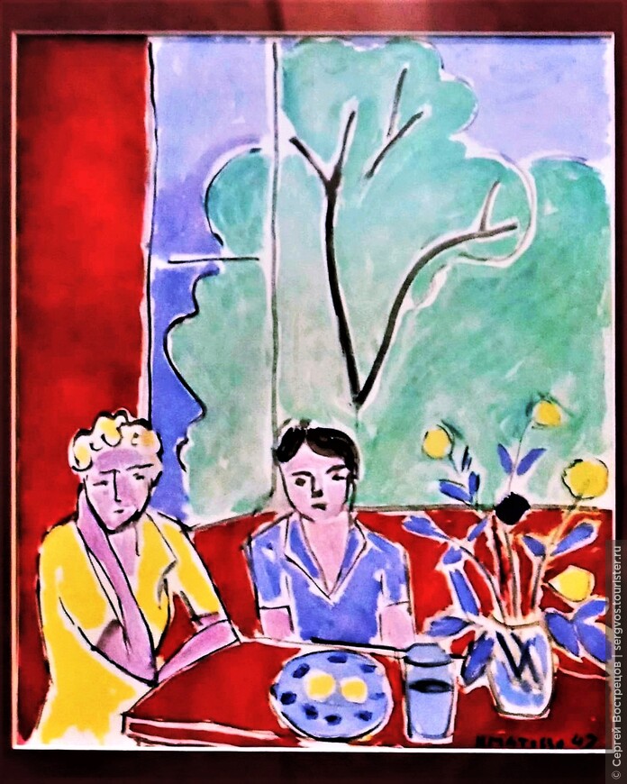 «Две девушки, красный и зелёный фон», 1947. Литография 1948 г., Париж