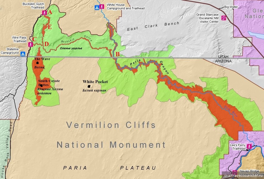 Карта 1. Расположение Оленьего ущелья и других достопримечательностей Багровых скал