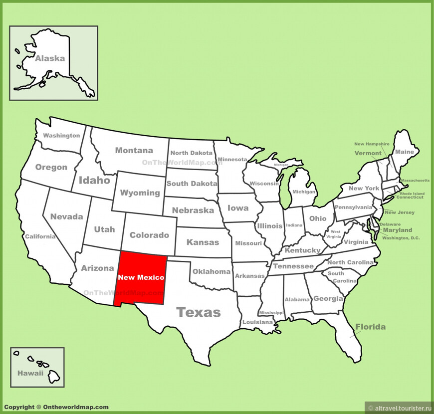 Карта 2. Штат Нью-Мексико в США. В масштабах США Нью-Мексико – это пятый по площади штат. В то же время, численность его населения невысокая – всего около 2,1 млн. чел.