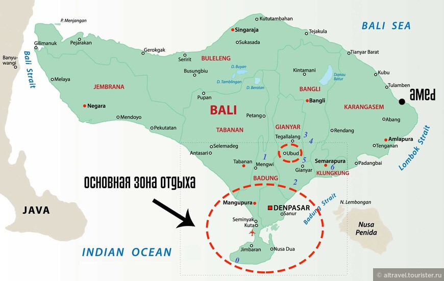 Карта Бали. Номера соответствуют объектам посещений,  подробности приводятся в дальнейшем изложении. 