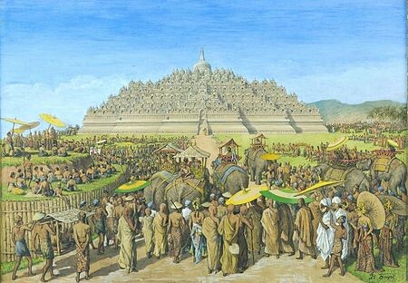 Рис. 1.  Древние люди смотрят на Боробудур. Источник: Wikipedia