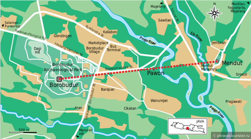 Карта 2. Храмы-спутники Боробудура, лежащие с ним на одной линии


