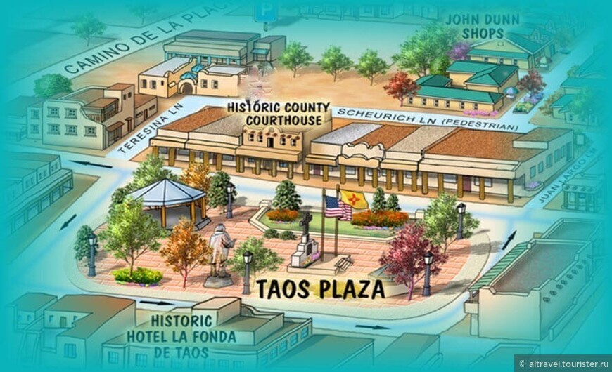 Фото 1. План-схема Taos Plaza (Источник: taos.org). Если вообразить , что проезжих улиц нет, то легко представить, как выглядело первое поселение: сплошной периметр-крепость из жилых домов вокруг прямоугольной площади.

