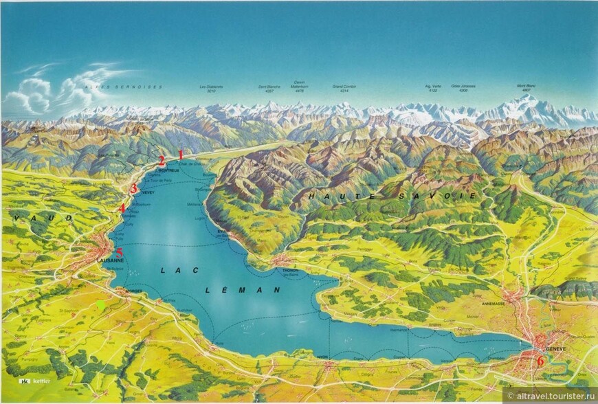 Карта 1. Женевское озеро. Номерами отмечены посещенные нами места