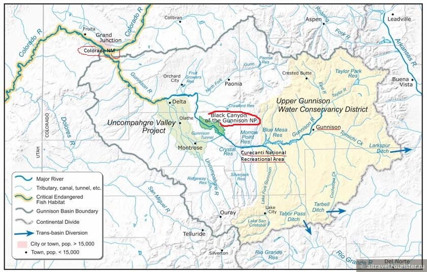 Карта 3. Бассейн реки Ганнисон. Территория нацпарка Черный каньон Ганнисона выделена ярко-зеленым цветом