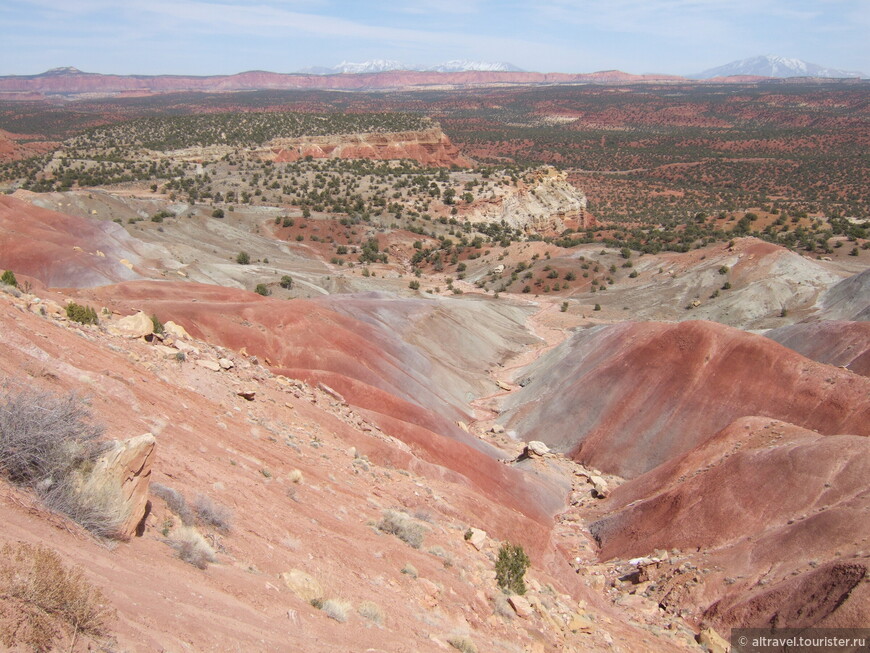 Панорамный вид с разноцветными  плохими землями (Badlands) на переднем плане