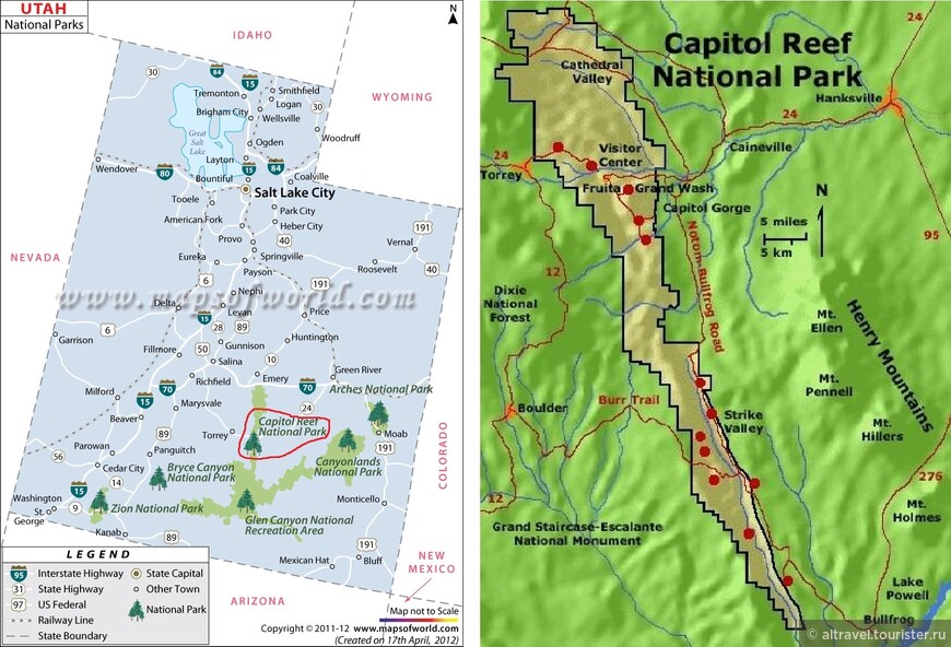 НП Капитол Риф на карте Юты и его план-схема