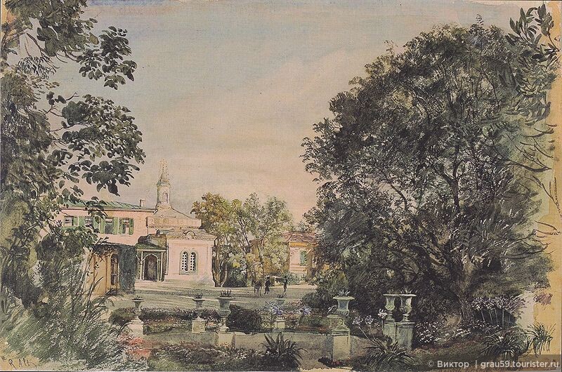 Церковь в конце строительства. Акварель Рудольфа фон Альта ( Rudolf_von_Alt. Das_Kaiserliches_Schloss_Livadia_auf_der_Krim. (1863)
  (Из Интернета.)