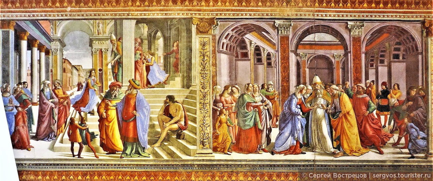 «Изгнание Иоакима из храма» (слева), «Рождество Богородицы» (справа). Нижний ряд фресковой росписи левой стены капеллы Торнабуони 
