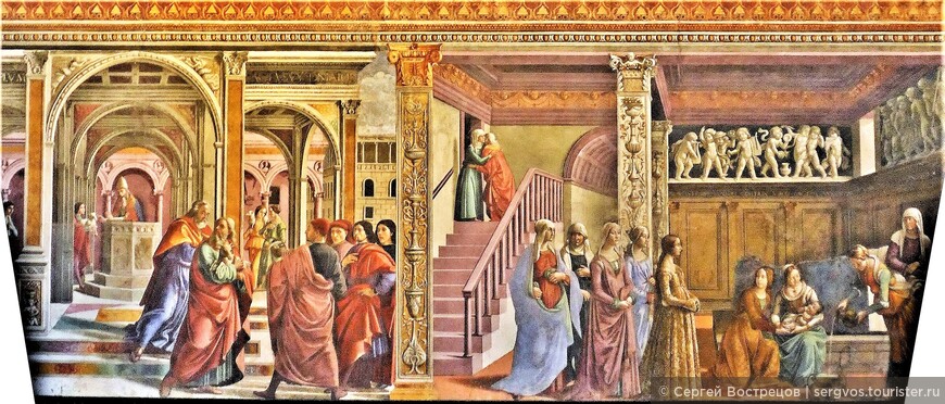 «Представление в храме» (слева), «Брак Девы Марии» (справа). Средний ряд фресковой росписи левой стены капеллы Торнабуони 