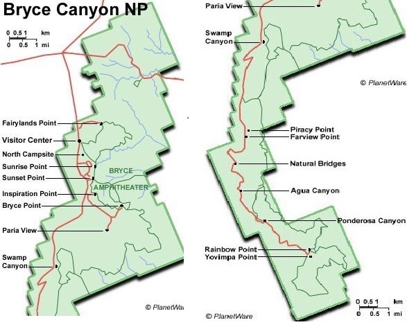Карта 1. Карта  Брайс-Каньона (слева - северная часть, справа - южная)