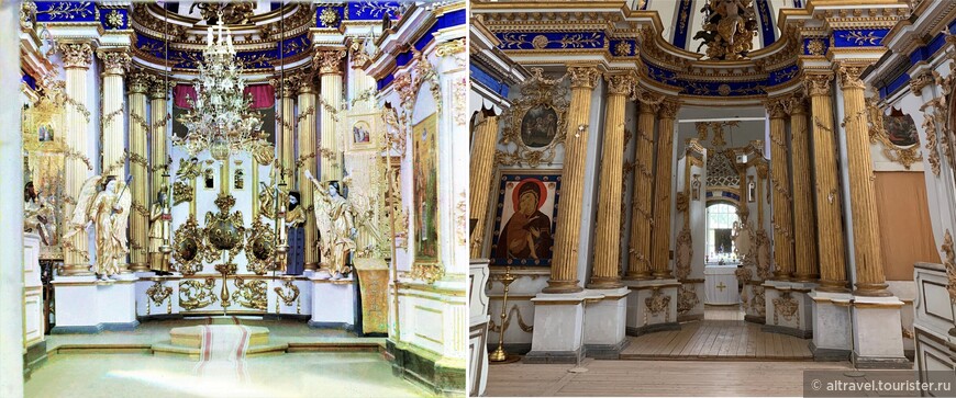 Здесь современный иконостас можно сравнить со снимком Прокудина-Горского начала 20-го века (слева). Видно, что тогда иконостас был намного богаче декорирован.