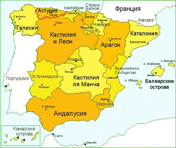 Астурия на карте Испании