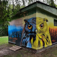 Будка, украшенная граффити в парке имени 1000-летия Брянска