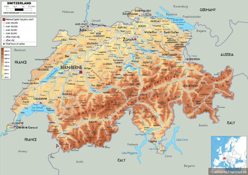 Карта 2. Физическая карта Швейцарии
