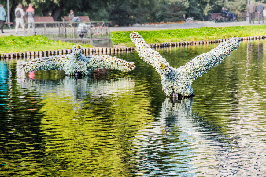Романтичные цветочно-декоративные композиции пары лебедей на взлете