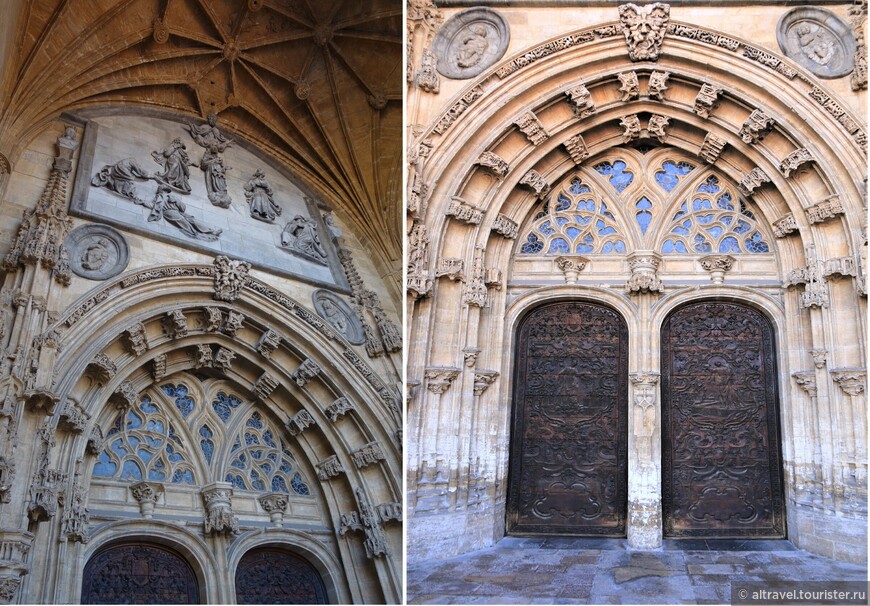 Главный портал собора Сан-Сальвадор (слева). Входная дверь (справа) сделана в 18-м веке из орехового дерева. На ней изображены Святой Спаситель и покровительница Королевства Астурия – Святая Эулалия из Мериды.