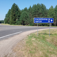 Сосновая улица и дорожный знак «Указатель направлений» (28 километров до Холопенич и 55 километров до Череи)