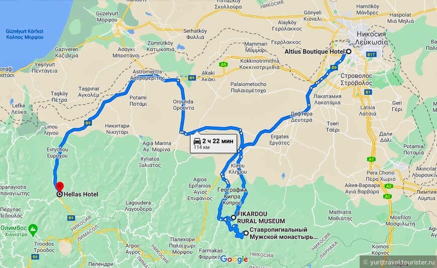 Карта маршрута Никосия - деревня Фикарду - монастырь Махерас - Какопетрия