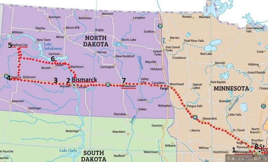 Карта 2. Наш маршрут из Миннеаполиса в Северную Дакоту и обратно обозначен красным пунктиром. Посещенные места обозначены цифрами, на которые в текстах будут даны ссылки. 