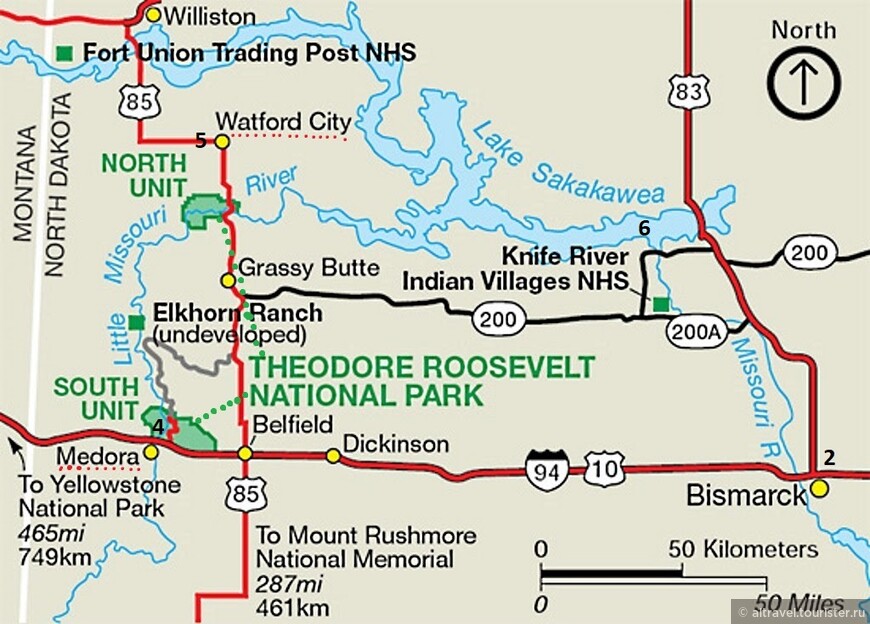 Карта 3.  Южная и северная секции национального парка Теодора Рузвельта (закрашены зеленым цветом)