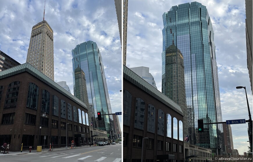 Башня Фошай (на переднем плане) отражается в стеклах  AT&T башни (построена в 1991г., 141 м высотой).