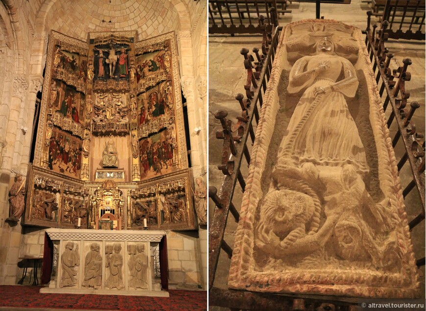Алтарь церкви Св. Юлиании (слева) и саркофаг Св. Юлиании с чертом на привязи (справа).