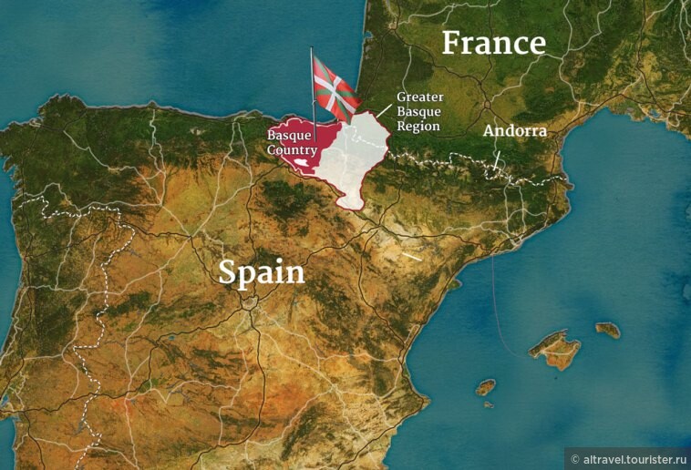 Карта 2. Страна басков и баскские земли. Страна басков закрашена красным цветом; баскские земли в составе Наварры и Франции - белым цветом, граница между ними – обозначена белым пунктиром.