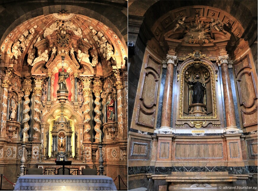 Алтарь (слева) с соломоновыми (спиралеобразными) колоннами вокруг и капелла Франциска Ксавьера (справа).
