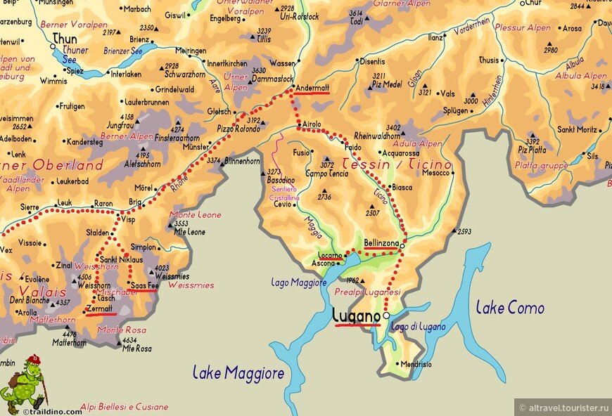 Юг Швейцарии с кантоном Тичино. Посещённые нами города подчеркнуты, а наш маршрут выделен красным пунктиром.