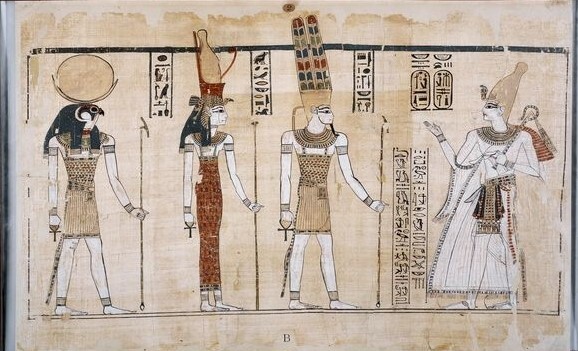 На папирусе, хранящемся в Британском музее изображены слева направо боги из Фиванской триады : Хонсу, Мут, Амон. В левой руке боги держат скипетр, в правой анх, один из наиболее значимых символов древних египтян. Считался символом вечной жизни и его клали в гробницу фараонам, чтобы после смерти их души смогли продолжать жизнь в загробном мире Древнего Египта — Дуате. Вместе с ними изображен фараон Рамзес III (крайний справа).

(Из Интернета)