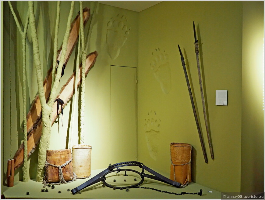 В витрине - орудия охоты на медведя: капкан, нож-пальма, копье.