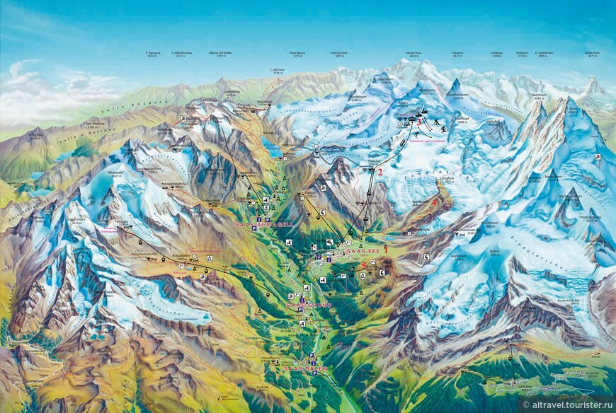 Карта 2. Городок Зас-Фе в окружении высоких альпийских пиков.
