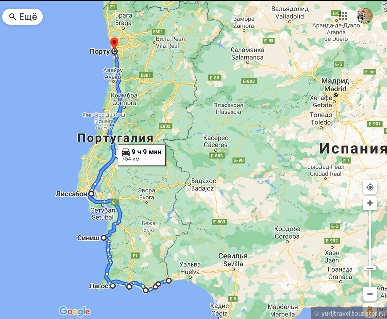 Карта автомаршрута по побережью Португалии