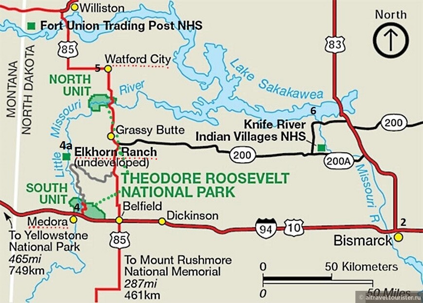 Карта 1. Северная и южная секции  национального  Теодора Рузвельта  на карте (выделены зеленой раскраской).  Из Медоры (цифра 4) мы переместились в Уотфорд  Сити (цифра 5).