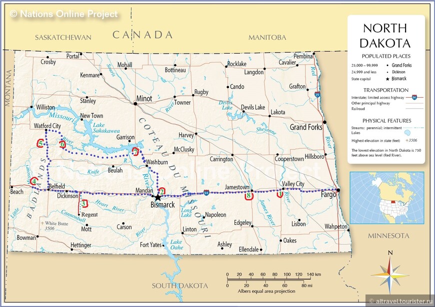 Карта 2. Посещённые нами достопримечательности Северной Дакоты: 1-Высокий мост; 2-Бисмарк; 3-Волшебная дорога; [4-5]-Национальный парк Теодора Рузвельта; 6-Парк «Малая Миссури»; 7-Озеро Сакагавеа; 8-Джеймстаун (Музей бизонов).