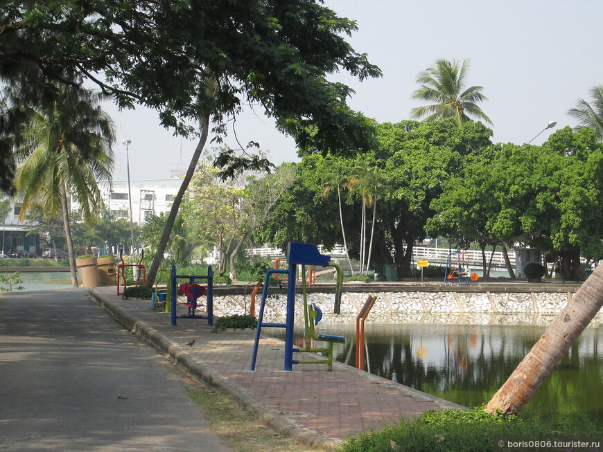 Хороший городской парк, окруженный прудом