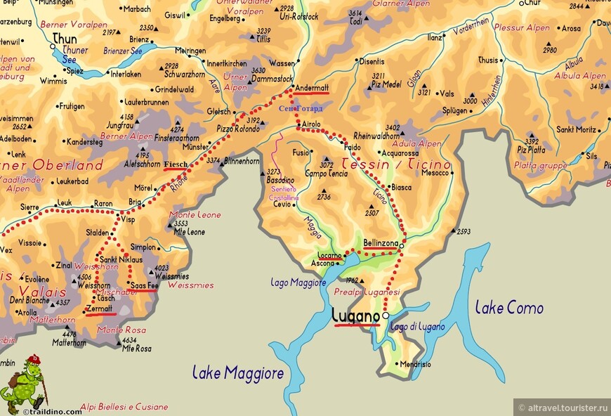 Карта 1. Юг Швейцарии с кантонами Тичино и Вале. Посещённые нами города подчеркнуты, а наш маршрут выделен красным пунктиром.