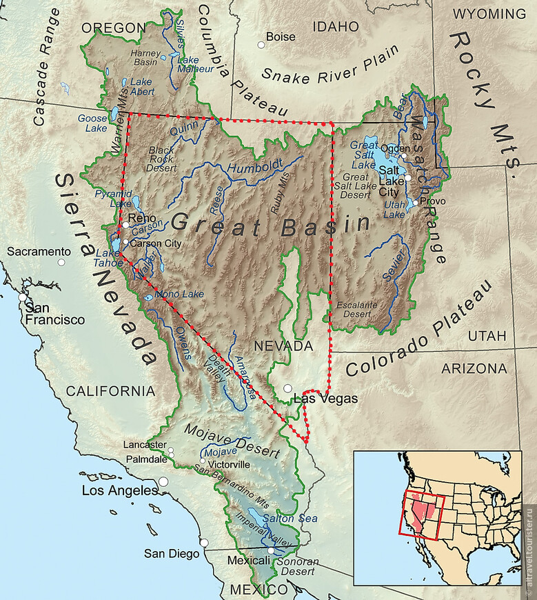 Карта 2. Пустынное нагорье «Большой бассейн» на карте США. Площадь этого нагорья — свыше 500 тыс. кв. км, и это один из самых засушливых регионов Северной Америки. На территории Большого бассейна находится бОльшая часть штата Невада (выделен красным пунктиром), западная половина Юты, частично — Калифорния, Орегон и Айдахо. Большой бассейн на западе ограничен хребтом Сьерра-Невада и Каскадными горами, на востоке — Скалистыми горами.