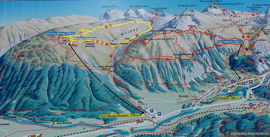 Наверху выбрали круговой 9.5 километровый маршрут до озера Мурагл, с перепадом 480 метров, отмеченный жёлтой линией.